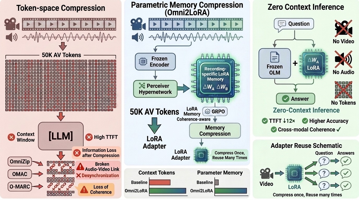 Omni2LoRA overview contrasting token-space compression, parametric memory compression, and zero-context inference.
